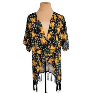 NWT LuLaRoe Shirley Kimono Duster Cardigan Yellow Floral Fringe Size Small